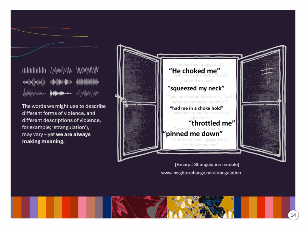 The words we might use to describe different forms of violence, and different descriptions of violence, for example; ‘strangulation’), may vary – yet we are always making meaning. Examples: “He choked me”; “pressed me up against...”; “held me by the neck”; “squeezed my neck”; “hands around my neck”; “tied me up around the neck”; “throttled me”; “had me in a choke hold”; “sat/ lay on top of me/on my chest”; “pinned me down”; “held me around the chest and squeezed”; “covered my mouth with...”; “smothered me”; “gagged me”; [Excerpt: Strangulation module] www.insightexchange.net/strangulation