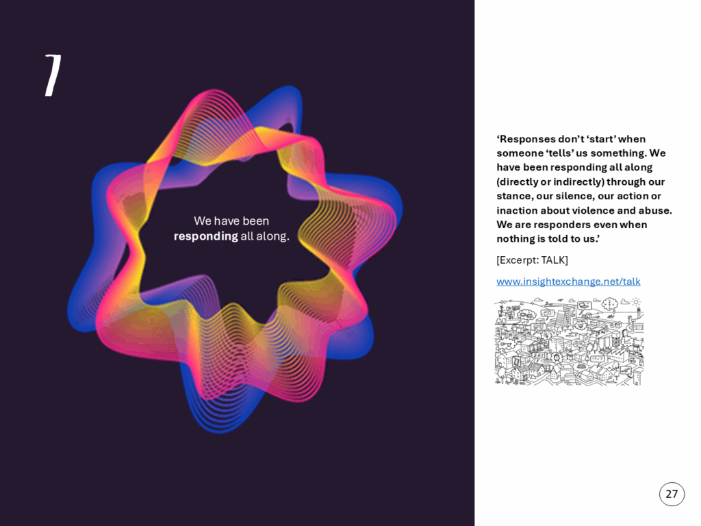 ‘Responses don’t ‘start’ when someone ‘tells’ us something. We have been responding all along (directly or indirectly) through our stance, our silence, our action or inaction about violence and abuse. We are responders even when nothing is told to us.’ [Excerpt: TALK] www.insightexchange.net/talk