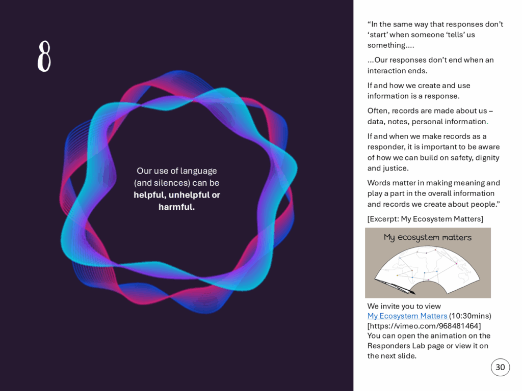 “In the same way that responses don’t ‘start’ when someone ‘tells’ us something…. …Our responses don’t end when an interaction ends. If and how we create and use information is a response. Often, records are made about us – data, notes, personal information. If and when we make records as a responder, it is important to be aware of how we can build on safety, dignity and justice. Words matter in making meaning and play a part in the overall information and records we create about people.” [Excerpt: My Ecosystem Matters] We invite you to view My Ecosystem Matters (10:30mins) [https://vimeo.com/968481464] You can open the animation on the Responders Lab page or view it on the next slide.
