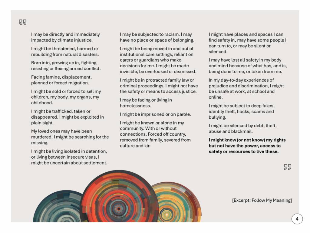 "...I might know (or not know) my rights but not have the power, access to safety or resources to live these." [Excerpt: Follow My Meaning]