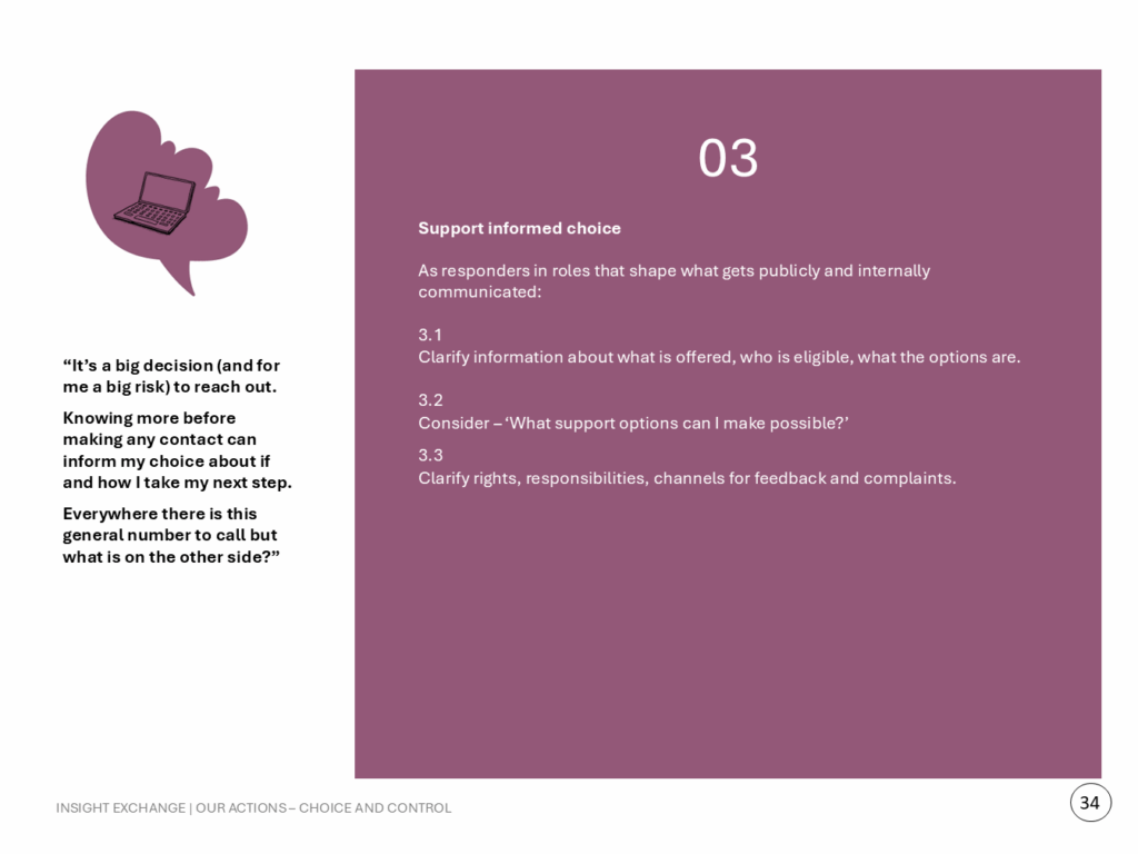 “It’s a big decision (and for me a big risk) to reach out. Knowing more before making any contact can inform my choice about if and how I take my next step. Everywhere there is this general number to call but what is on the other side?” 3. Support informed choice. As responders in roles that shape what gets publicly and internally communicated: 3.1 Clarify information about what is offered, who is eligible, what the options are. 3.2 Consider – ‘What support options can I make possible?’ 3.3 Clarify rights, responsibilities, channels for feedback and complaints