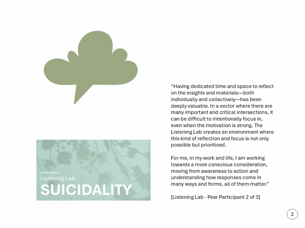 “Having dedicated time and space to reflect on the insights and materials—both individually and collectively—has been deeply valuable. In a sector where there are many important and critical intersections, it can be difficult to intentionally focus in, even when the motivation is strong. The Listening Lab creates an environment where this kind of reflection and focus is not only possible but prioritised.   For me, in my work and life, I am working towards a more conscious consideration, moving from awareness to action and understanding how responses come in many ways and forms, all of them matter.” [Listening Lab - Peer Participant 2 of 3]